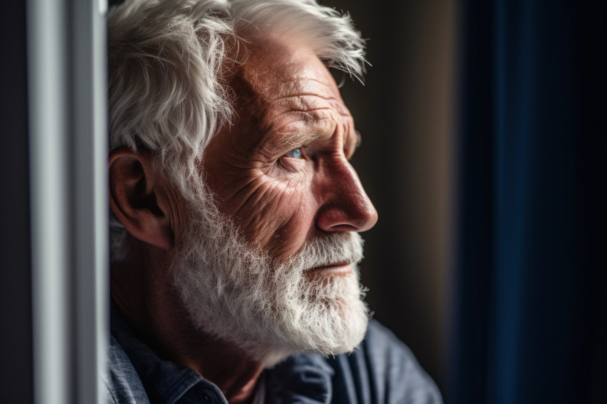 Senior man gazing out window thoughtfully Senior man gazing out window thoughtfully
