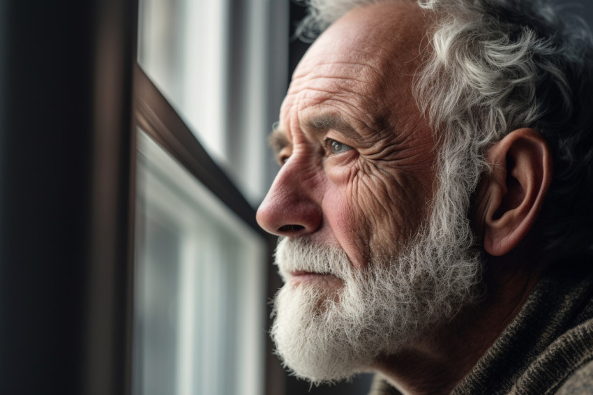 Senior man gazing out window thoughtfully Senior man gazing out window thoughtfully