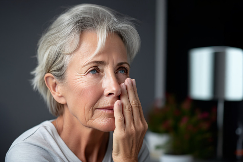 Portrait of senior woman touching face at home Portrait of senior woman touching face at home