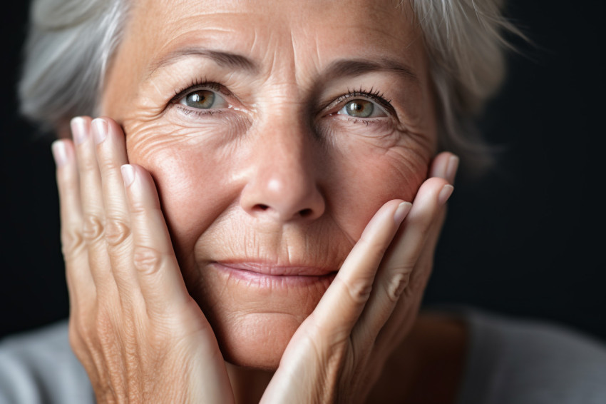 Portrait of senior woman touching face at home Portrait of senior woman touching face at home
