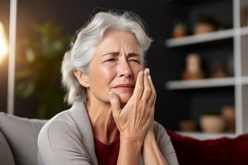 Portrait of senior woman touching face at home Portrait of senior woman touching face at home