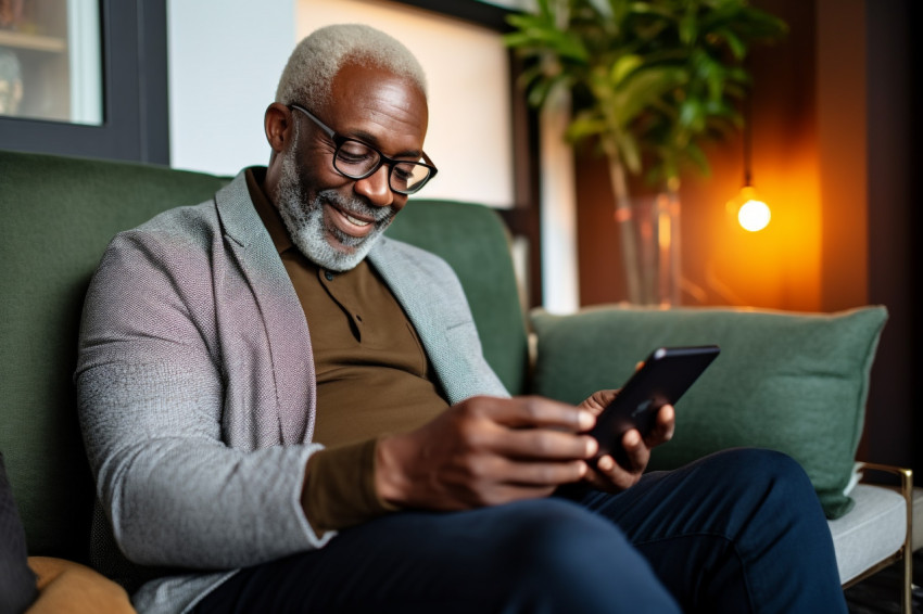 Senior black man working online on sofa with laptop and smartphone Senior black man working online on sofa with laptop and smartphone