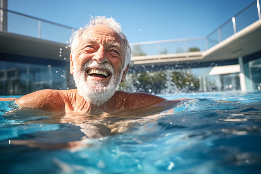 Happy active senior man swimming in pool Happy active senior man swimming in pool