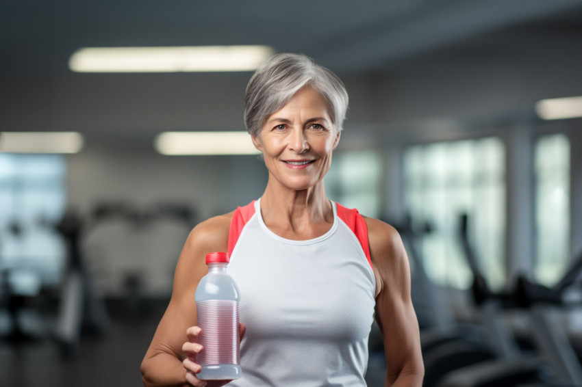 Fit senior woman drinking water at the gym Fit senior woman drinking water at the gym