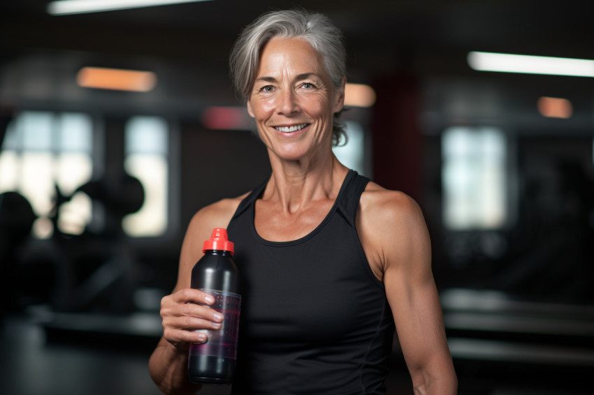 Fit senior woman drinking water at the gym Fit senior woman drinking water at the gym