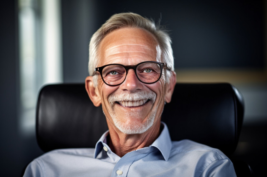Happy elderly man in glasses relaxing in armchair Happy elderly man in glasses relaxing in armchair