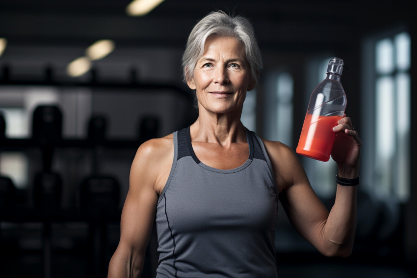 Fit senior woman drinking water at the gym Fit senior woman drinking water at the gym