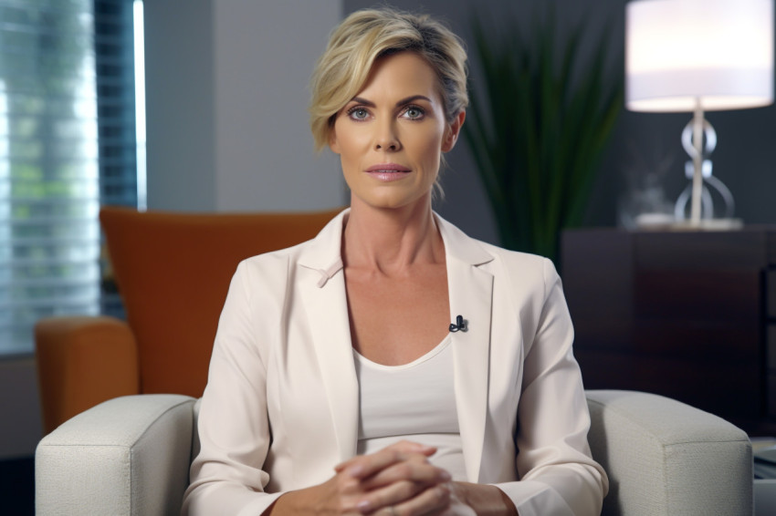 Professional middle aged female therapist in chair smiling at camera Professional middle aged female therapist in chair smiling at camera