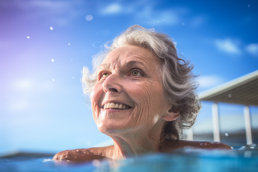 Senior woman swimming in indoor pool Senior woman swimming in indoor pool