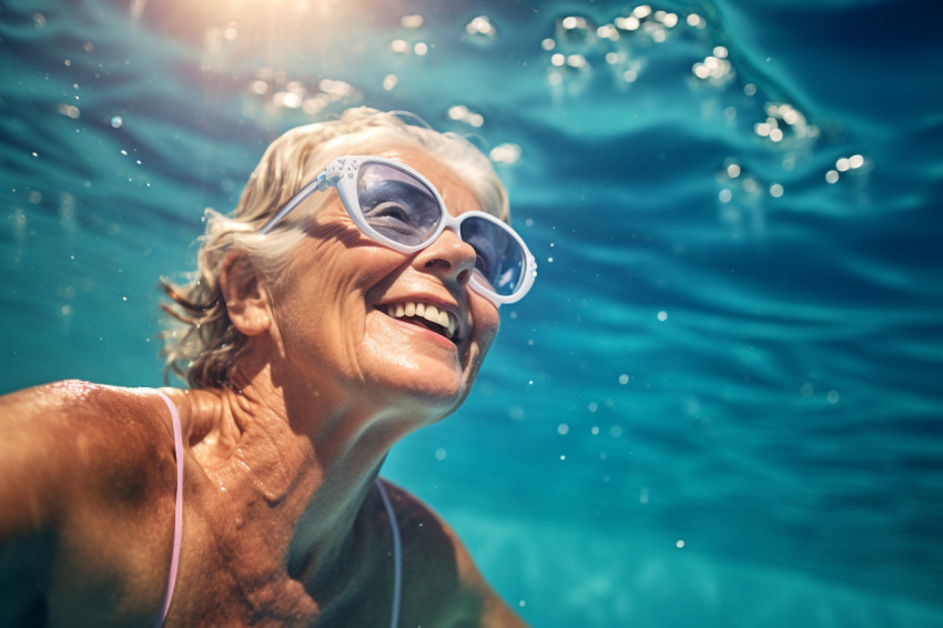 Senior woman swimming in indoor pool Senior woman swimming in indoor pool