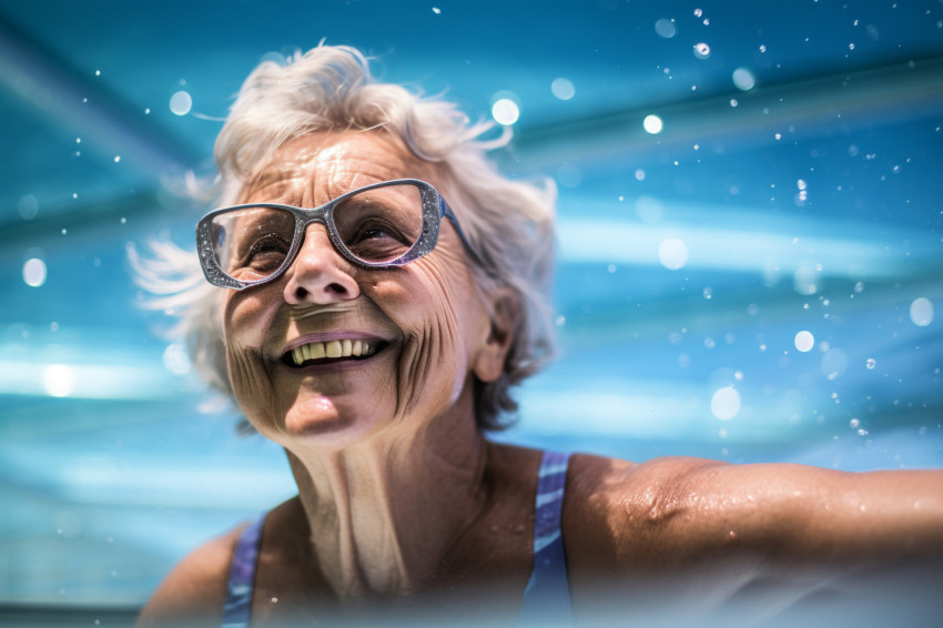 Senior woman swimming in indoor pool Senior woman swimming in indoor pool