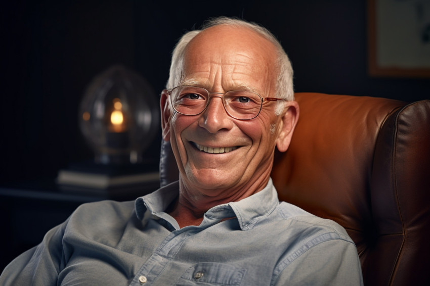 Happy elderly man in glasses relaxing in armchair Happy elderly man in glasses relaxing in armchair