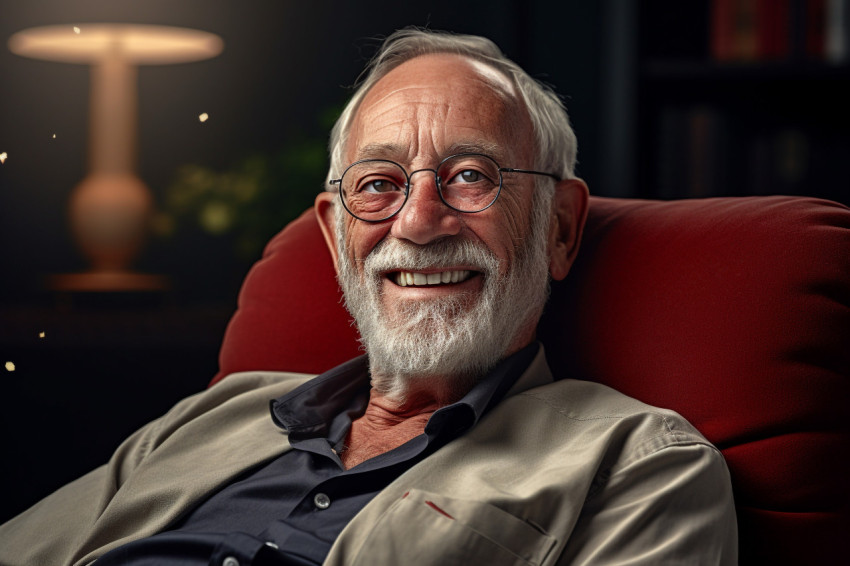 Happy elderly man in glasses relaxing in armchair Happy elderly man in glasses relaxing in armchair