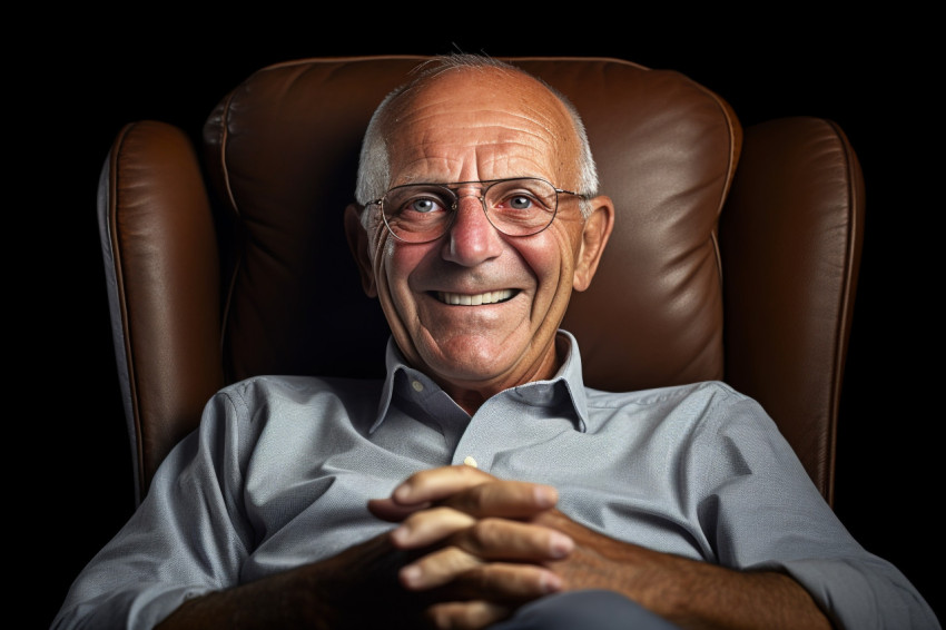 Happy elderly man in glasses relaxing in armchair Happy elderly man in glasses relaxing in armchair