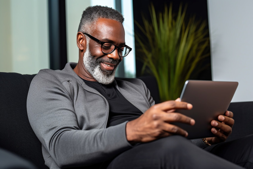 Senior black man working online on sofa with laptop and smartphone Senior black man working online on sofa with laptop and smartphone