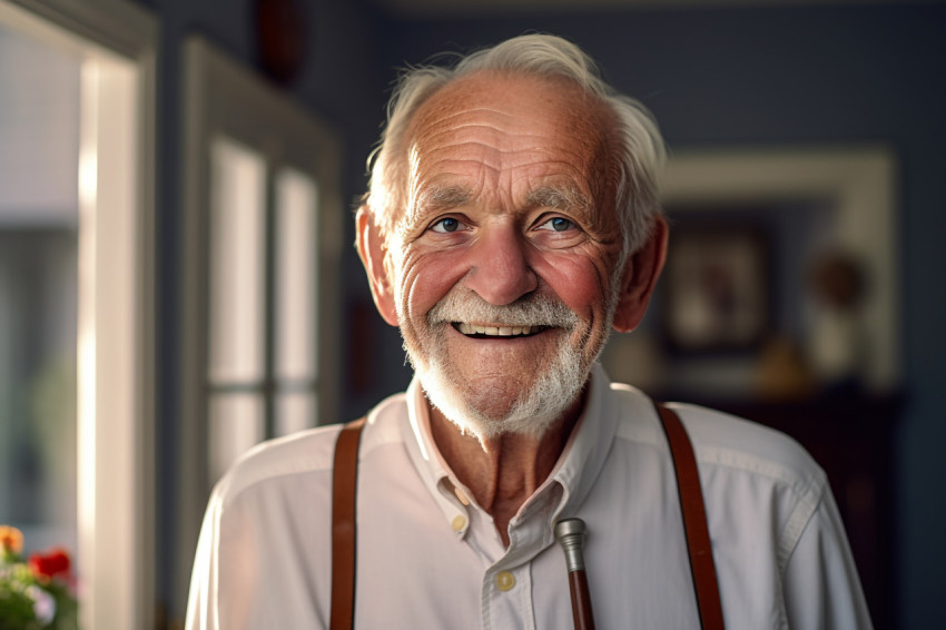 Smiling senior man with walking cane at home Smiling senior man with walking cane at home