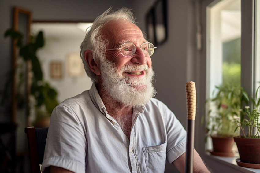 Smiling senior man with walking cane at home Smiling senior man with walking cane at home