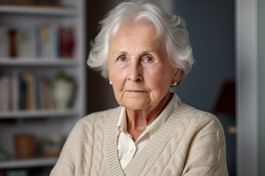 Portrait of elderly woman in beige cardigan at home Portrait of elderly woman in beige cardigan at home