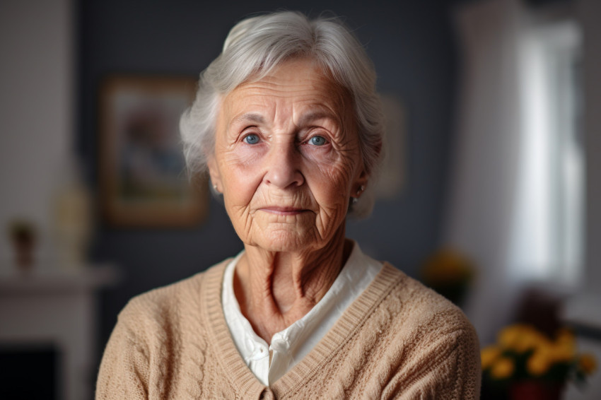 Portrait of elderly woman in beige cardigan at home Portrait of elderly woman in beige cardigan at home