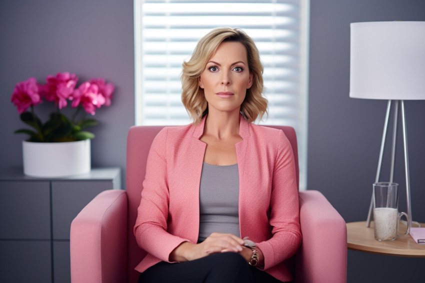 Professional middle aged female therapist in chair smiling at camera Professional middle aged female therapist in chair smiling at camera