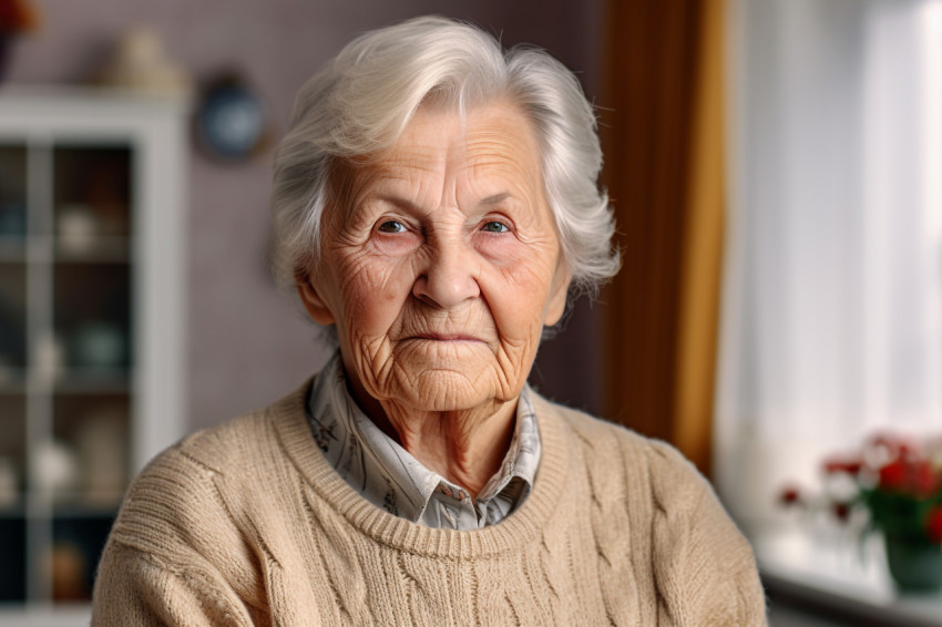 Portrait of elderly woman in beige cardigan at home Portrait of elderly woman in beige cardigan at home