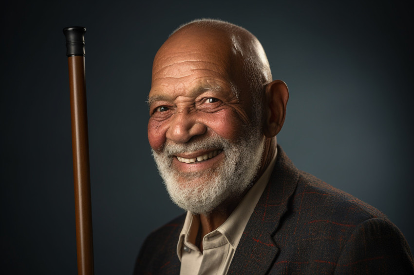 Smiling senior man with walking cane at home Smiling senior man with walking cane at home