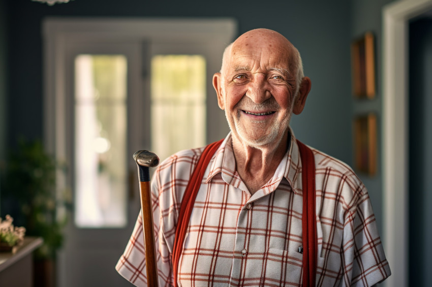 Smiling senior man with walking cane at home Smiling senior man with walking cane at home