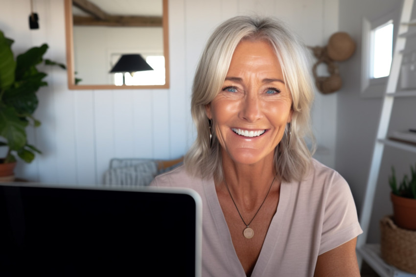 Smiling mature woman on video call Smiling mature woman on video call