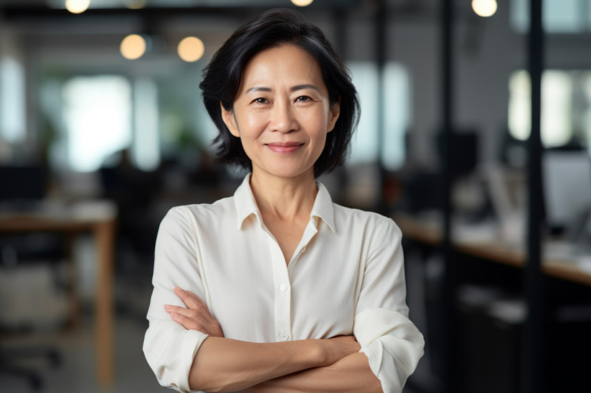 Confident Asian businesswoman in office smiling at camera Confident Asian businesswoman in office smiling at camera
