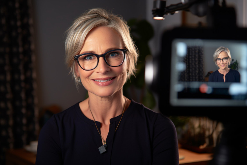 Smiling mature woman on video call Smiling mature woman on video call