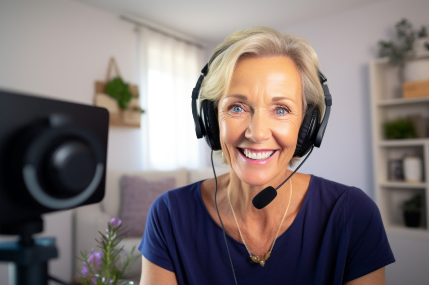 Smiling mature woman on video call Smiling mature woman on video call