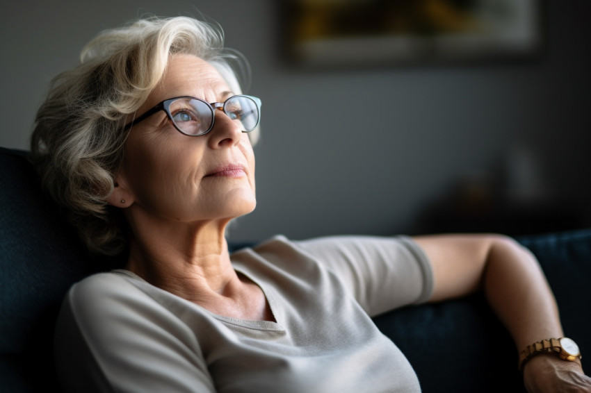 Smiling mature woman relaxing on couch at home Smiling mature woman relaxing on couch at home