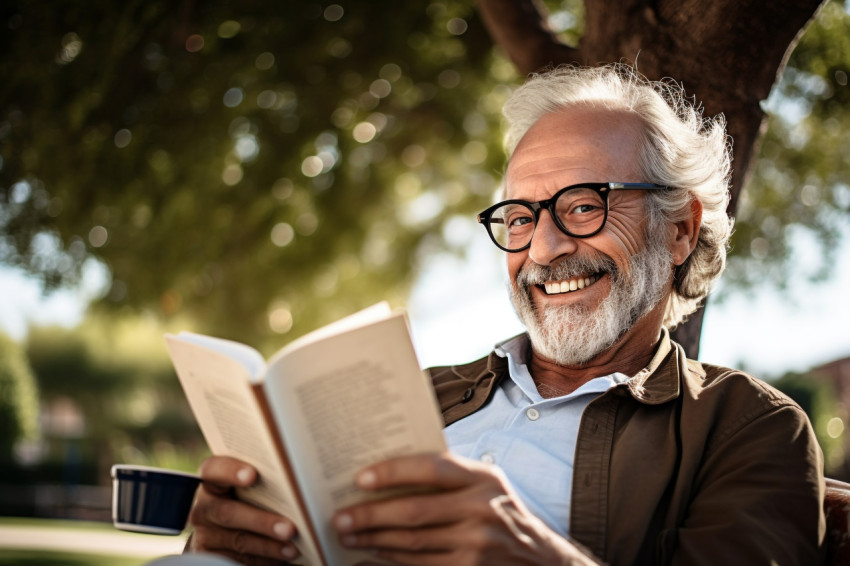 Senior man reading and drinking coffee in park photo Senior man reading and drinking coffee in park photo