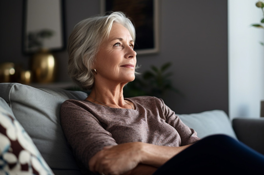 Smiling mature woman relaxing on couch at home Smiling mature woman relaxing on couch at home