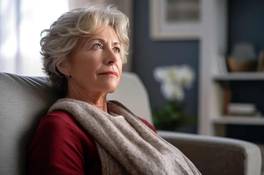 Smiling mature woman relaxing on couch at home Smiling mature woman relaxing on couch at home