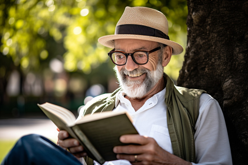 Senior man reading and drinking coffee in park photo Senior man reading and drinking coffee in park photo