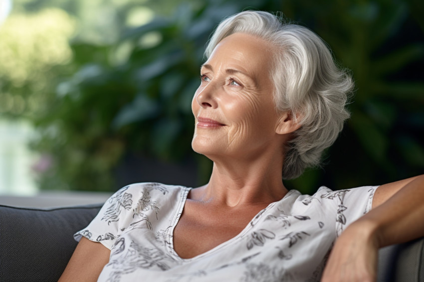 Smiling mature woman relaxing on couch at home Smiling mature woman relaxing on couch at home