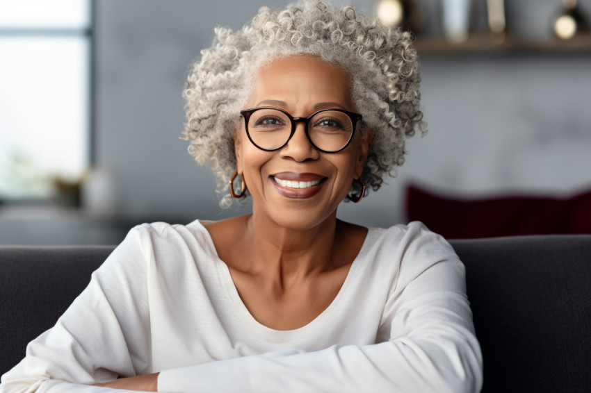 Happy African American senior woman sitting on couch at home Happy African American senior woman sitting on couch at home