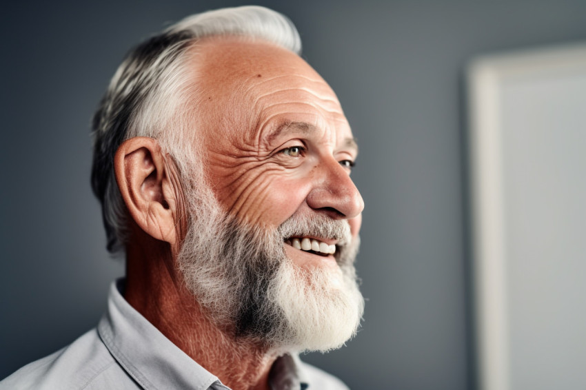 Happy senior man with hearing aid at home Happy senior man with hearing aid at home