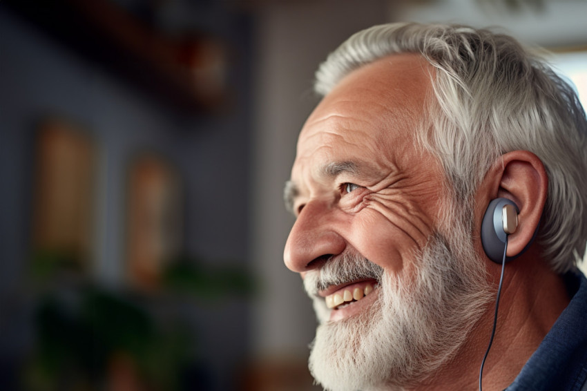 Happy senior man with hearing aid at home Happy senior man with hearing aid at home