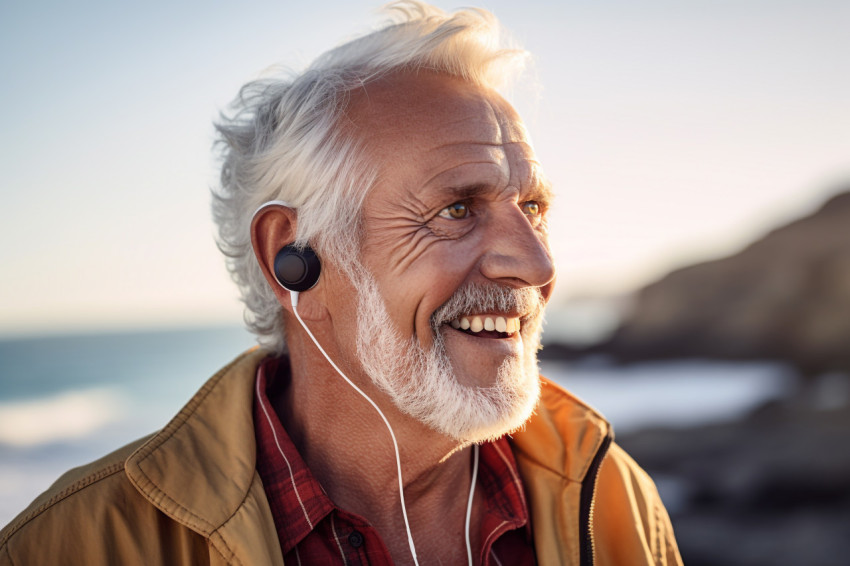 Happy senior man with hearing aid at home Happy senior man with hearing aid at home