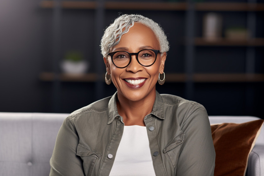 Happy African American senior woman sitting on couch at home Happy African American senior woman sitting on couch at home