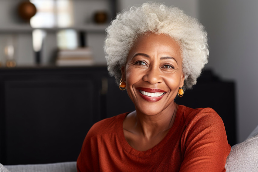 Happy African American senior woman sitting on couch at home Happy African American senior woman sitting on couch at home