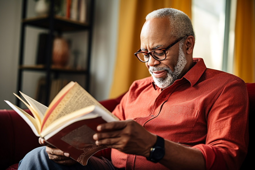 Smiling African American man reading book at home Smiling African American man reading book at home