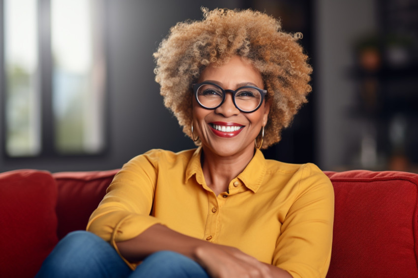 Happy African American senior woman sitting on couch at home Happy African American senior woman sitting on couch at home