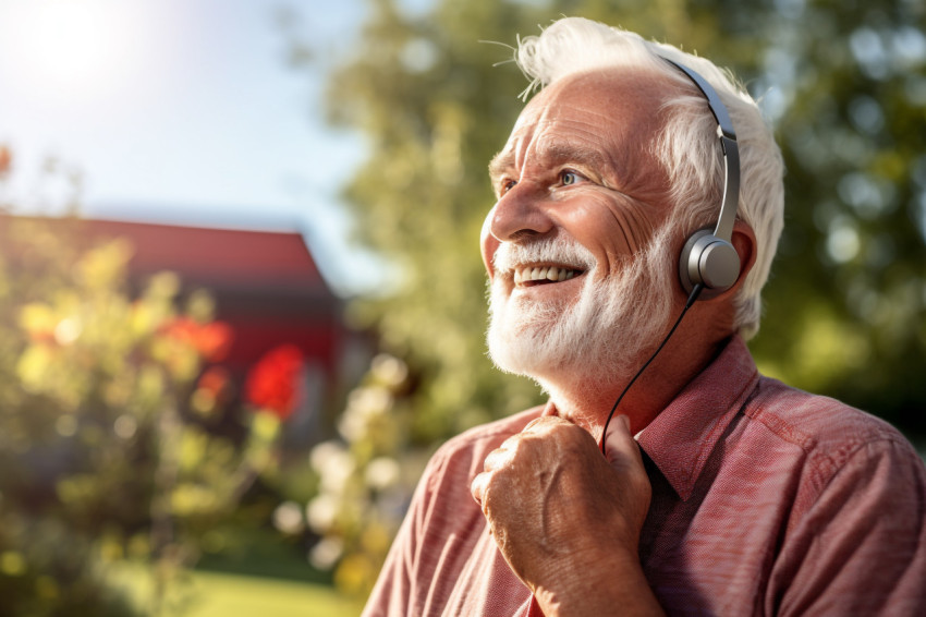 Happy senior man with hearing aid at home Happy senior man with hearing aid at home