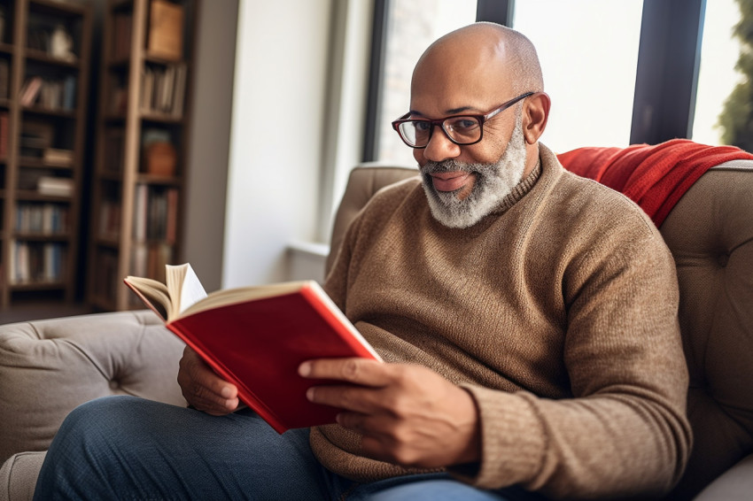 Smiling African American man reading book at home Smiling African American man reading book at home