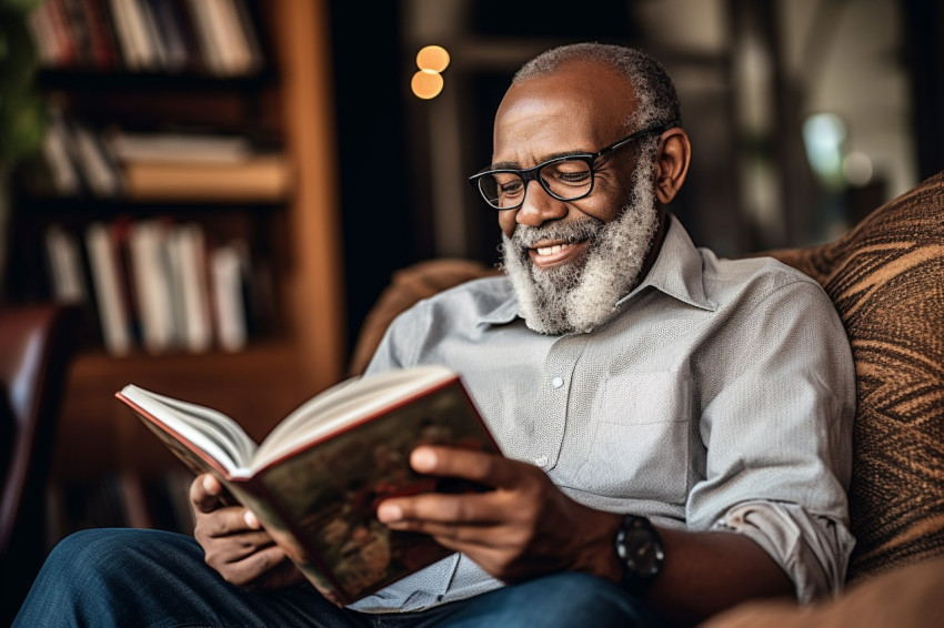 Smiling African American man reading book at home Smiling African American man reading book at home