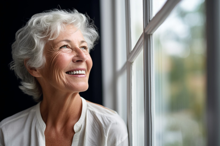 Smiling mature woman looking out window Smiling mature woman looking out window