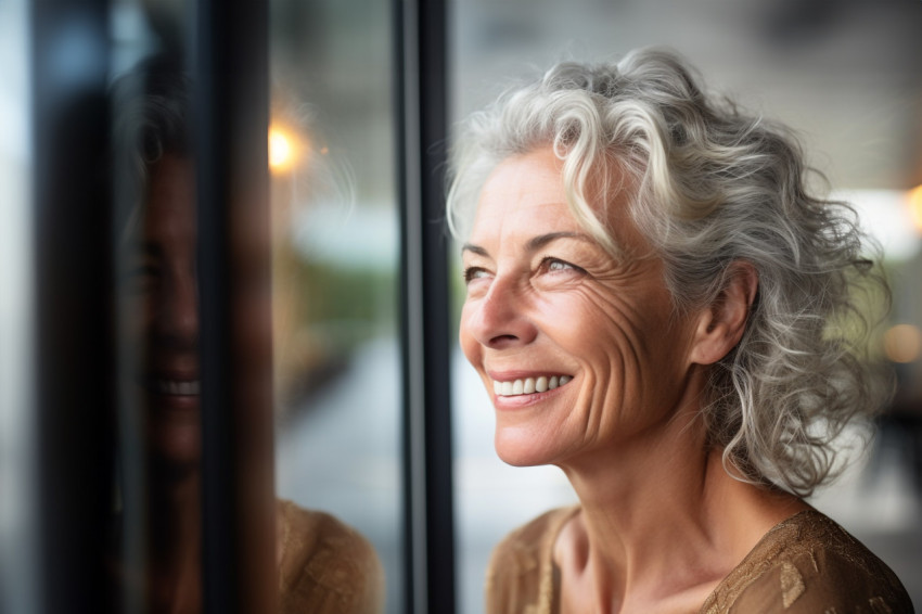 Smiling mature woman looking out window Smiling mature woman looking out window